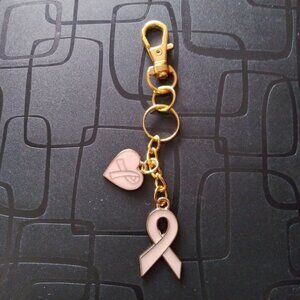Pink Ribbon Breast Cancer Awareness Keychain with Heart Charm and Goldtone